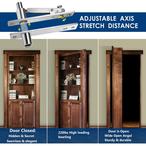 1 Pack Heavy Duty Pivot Hinge Set With Door Ball Catch For Wood Doors Hidden Stainless Steel 360 Degree Rotation Invisible Pivot Door Hardware For Secret Doors And Bookshelves installed on a wooden bookshelf door