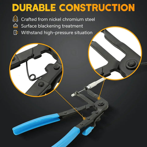 Close-up of Long Reach Hose Clamp Pliers Set for Auto Fuel Oil Water Hoses 9 Pieces, showing nickel chromium steel construction
