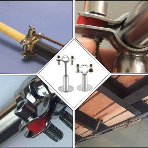2 Pack Stainless Steel Wall Mount And Ceiling Pipe Support Brackets With Adjustable Height From 50mm To 100mm Fits Half Inch Pipe Diameter Approximately 21mm Includes Screws By Piutouyar, shown in various installation scenarios and close-up views.