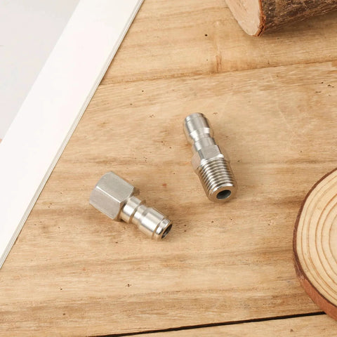 Stainless Steel Quick Connect Pressure Washer Fittings Set Of 2 No Leak Heavy Duty Pro Grade Quarter Inch on wooden surface