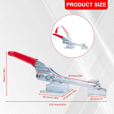 Beefy Six Pack Toggle Latch Clamp Set With 700 Lb Holding Power, Self-Locking Design close-up with dimensions visible