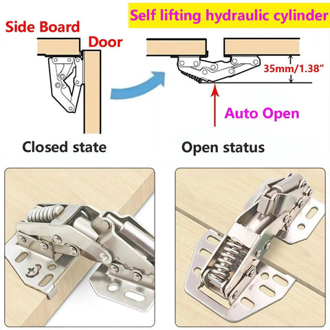 Diagram showing Heavy Duty Cabinet Hinges Set 2 Pack Soft Close Lid Stay Hinges for Cabinets and Furniture Doors with open and closed views.