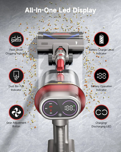 Cordless vacuum cleaner with LED display on the handle; gray body with red accents.
