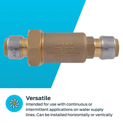 Cash Acme BF1 dual check valve, brass body, 3/4 in push-to-connect fittings