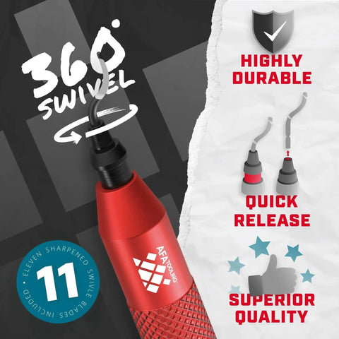 Power Red Deburring Tool With 16 High Speed Steel Swivel Blades For Metal Plastic PVC Copper Resin And 3D Printed Edges shown with features like 360 swivel, quick release, and superior quality.