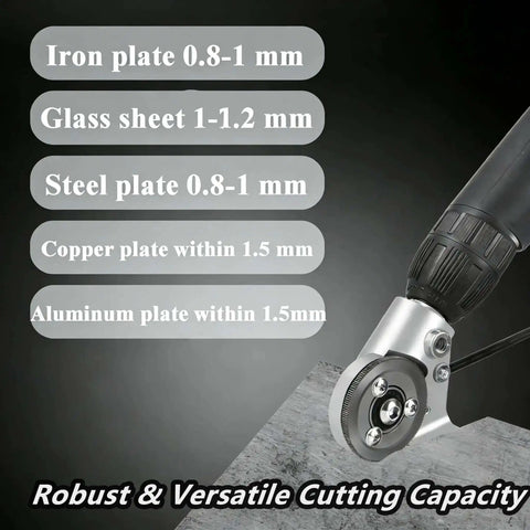 Pro Grade Drill Nibbler Attachment For Sheet Metal Cutting With Coated Blade and Universal Adapter, cutting various metal plate types.