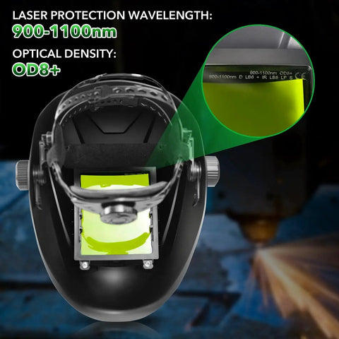 Large Viewing Laser Welding Helmet With OD8 Plus Eye Protection For 190nm-450nm And 900nm-1100nm Wavelengths For Laser Welding Cutting Cleaning And Marking TRQWH, showing front view of a helmet with OD8+ lens.