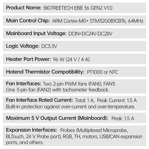Technical specifications for BIGTREETECH EBB 36 GEN2 V1.0 showing control chip, voltage, power, thermistor compatibility, and interfaces.