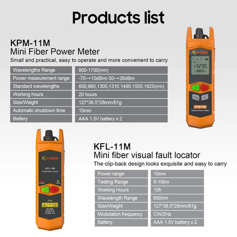 KPM-11M fiber power meter and KFL-11M visual fault locator (Komshine) in orange with LCD screens.