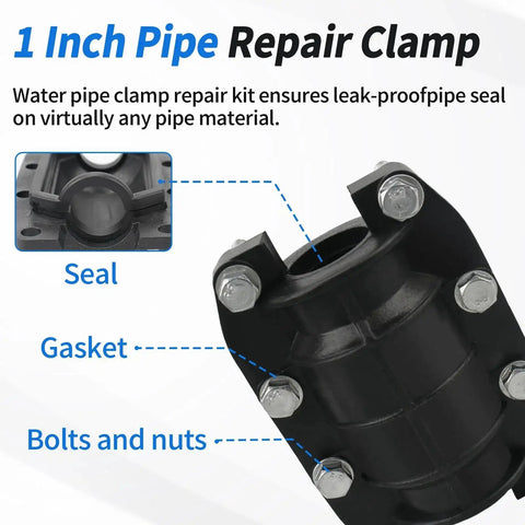 Water Pipe Repair Clamp Kit Leak Sealer for Plastic and Metal Pipes 25mm OD One Inch with gasket, bolts, and nuts