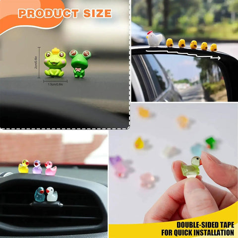 Colorful animal figures for car interior with example installations, showcasing size and adhesive feature.