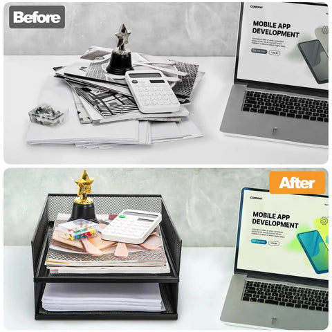 Before and after: cluttered desk versus organized desk with two pack wire mesh letter trays for desk, stackable paper organizer, 12.8 by 10 by 2.9 inches, metal magazine file holder for home office and school great for busy desks everyday use.