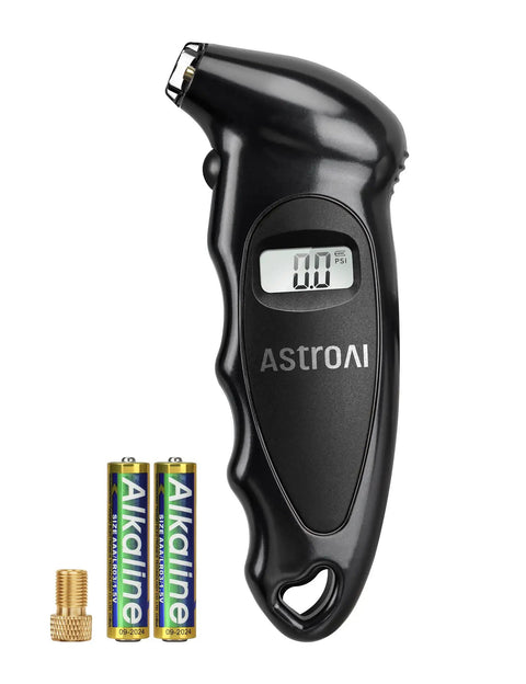 Digital Tire Pressure Gauge 0-150 PSI With Backlit LCD Accurate 0.1 PSI Increments Presta Valve Adaptor 4 Units Of Measurement AAA Battery Powered Car Truck Bicycle Black, showing the black device and batteries.