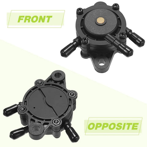 Four Pack Lawn Mower Fuel Pumps Replacement Kit for Easy Starts with front and opposite views showing durable black pumps.