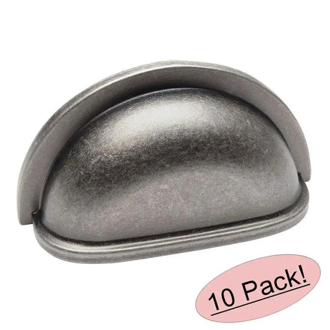 Weathered Nickel Bin Cup Drawer Pulls, 10 Pack, 3 Inch Hole Centers, 3-1/2 Inch Overall Length, 1-5/8 Inch Width, 1 Inch Projection