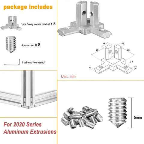 Package contents of Eight Set Silver Tri Corner Bracket Kit With Three Way End Connectors And 32 M4 Screws Plus Hex Wrench