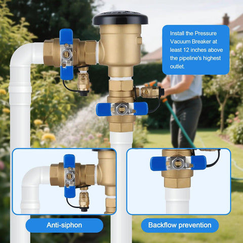 YEE 3/4 inch brass irrigation backflow preventer with blue handles for lawn sprinkler system, anti-siphon