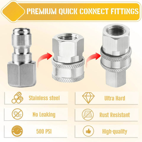 Two Pack Stainless Steel Pressure Washer Quick Connect Plugs 1/4 Inch Or 3/8 Inch Male To Female NPT Fittings For Quick Connect Couplers, Built Tough 5000 PSI, Includes 1/4 And 3/8 Options, with close-up view of stainless steel fittings, arrows indicating connection, and product features listed.