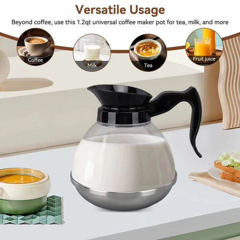 Universal Coffee Pot Replacement Carafe with tight fit spout and black grip on a kitchen counter
