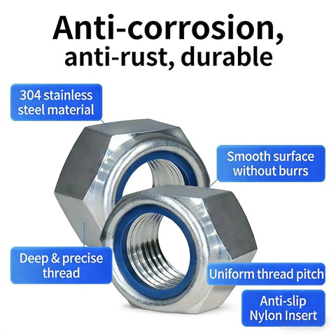 M3 Nylon Insert Lock Nuts 0.5mm Pitch, 160 Pcs, 304 Stainless Steel, labeled anti-corrosion, smooth surface, and precise thread.