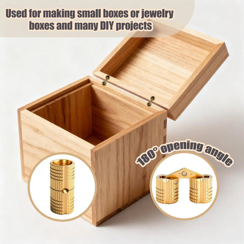 8mm Sleek Dope Hidden Brass Barrel Hinges Set With 180 Degree Opening For Jewelry Boxes And Small Wooden Boxes Concealed Rust Resistant Solid Brass Hardware Includes Installation Screws For DIY Box Projects shown on a wooden box.