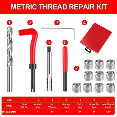 Metric Thread Repair Kit M12x1.5 With Helicoil Style Inserts And Ten Thread Inserts, HSS Drill Bits, Taps, Tools, Case