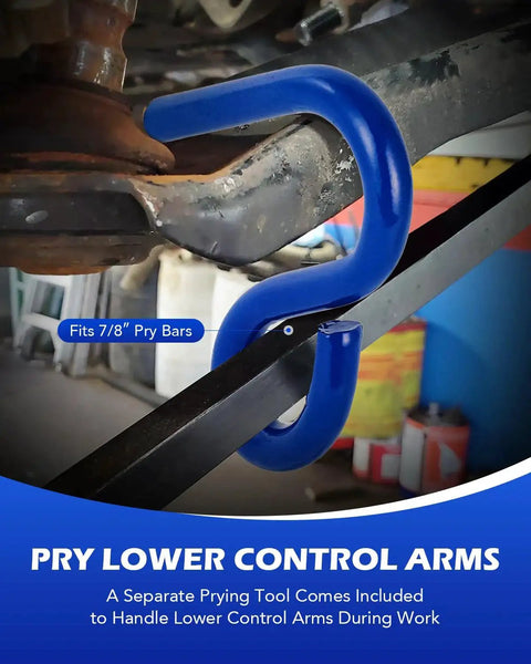 Subaru Ball Joint Tool Set With Upper And Lower Pullers For Legacy Impreza shown with a blue pry tool in use on control arm.