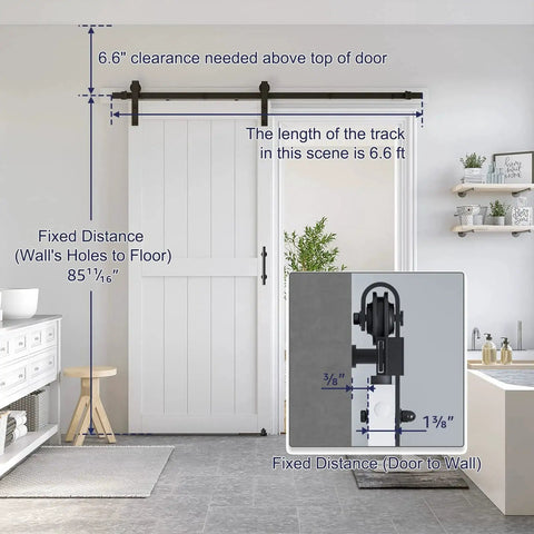 36 By 84 Inch White Sliding MDF Barn Door With Six Point Six Foot Black Sliding Door Hardware Kit And Handle Pre Drilled Ready To Assemble Waterproof PVC Coating H Frame Durable Primed MDF And PVC Construction For Water Resistance And Stable Performance installed in living area