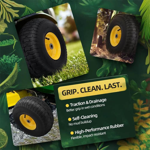 Front Tire And Wheel Assembly 15x6.00-6 Two Pack For Riding Lawn Mower Replacement Front Tires With Three Inch Centered Hub And Three Quarter Inch Bore Bushings Includes Extra Five Eighth Inch Bushings Fits Most Riding Lawn Tractors Yellow, shown installed on grass and gravel surface, highlighting traction features.