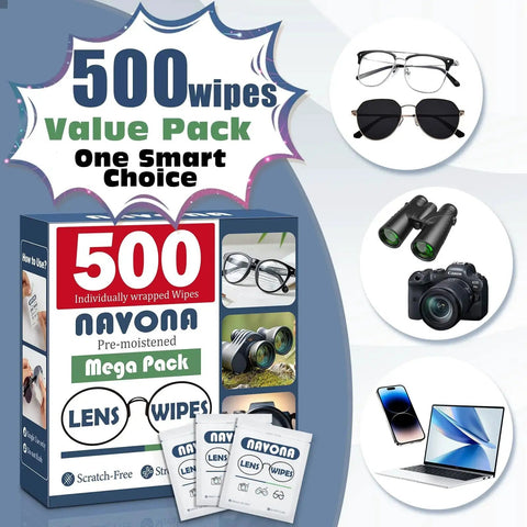 Lens Wipes For Eyeglasses Pre Moistened Scratch Free Cleaner Glasses 500 pack with product box and various lens images