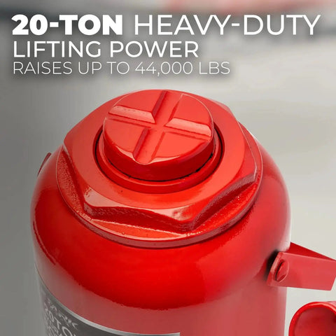 Close-up view of a 20 Ton Hydraulic Bottle Jack Portable Lift For Trucks RVs Farm Equipment showing steel top and handle.