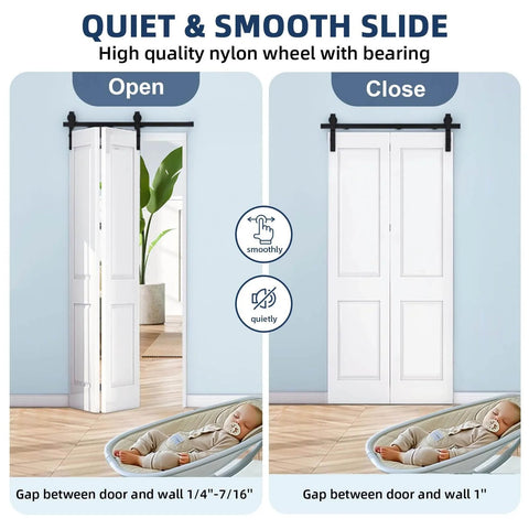 Open and close view of Heavy Duty Bi Fold Barn Door Hardware Kit For Double Doors 3 Foot Track System with smooth sliding