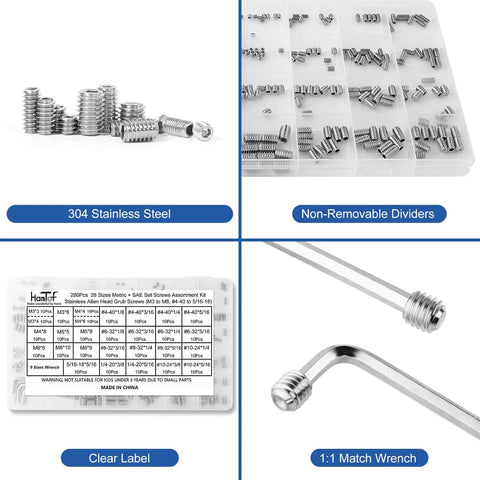 280 Piece Set Screw Kit With 28 Sizes Metric And SAE Allen Grub Screws In 304 Stainless Steel Internal Hex Drive Cup Point For Door Knobs And Faucets A Handy DIY Must Have For Bathroom Fixtures And Hardware Repairs displayed with organizer and wrench