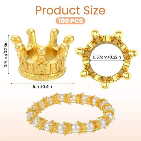 Gold Mini Crown Charms 100 Pieces, 3D Vintage Alloy Queen King Crowns Beads With Large Hole, shown with size dimensions and bracelet application.