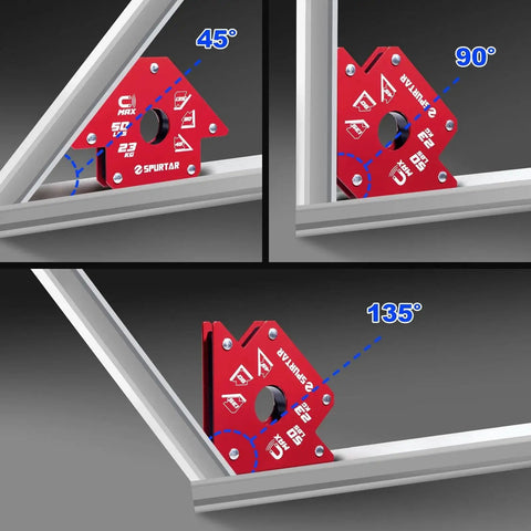 Heavy Duty Welding Magnets Set 50 Lbs Each Four Pack With Clamps For Hands Free Welding Magnetic Holder Squares Attachable At 45 Degree 90 Degree And 135 Degree Angles For Precise Positioning Spurtar, showing various angle adjustments.