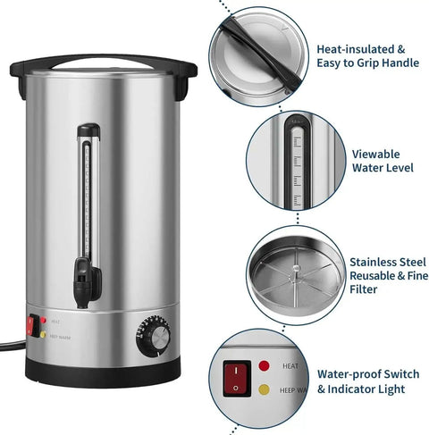 Massive 110 Cup Commercial Coffee Urn With Double Wall Insulation 16 Liter 4.2 Gallon Stainless Steel Beverage Dispenser front view
