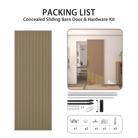 Concealed Sliding Barn Door With Soft Close Hardware Kit, 38 In By 86 In Light Brown Hidden Door For 30 To 34 In Openings, shown installed in living space.