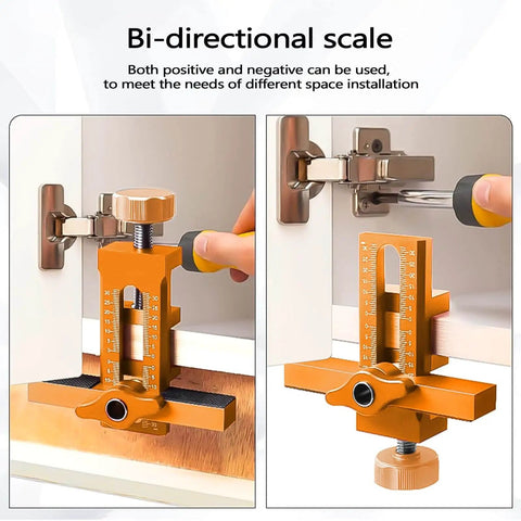 Cabinet Door Install Positioner Jig Aluminum Alloy Adjustable Hinge Alignment Tool with bi-directional scale, close-up view