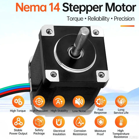 High Torque Nema 14 Stepper Motor For 3D Printers CNC Machines And DIY Robots 1.8 Degree 2 Phase Bipolar with key features shown
