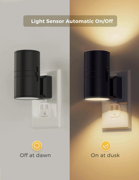 Plug In Night Light 2 Pack Dusk To Dawn Sensor Dimmable 3000K Vintage Black in day and night mode