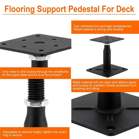 Side view of metal flooring support pedestal, black with screw base, for deck installation, shown at adjustable height, with build quality details