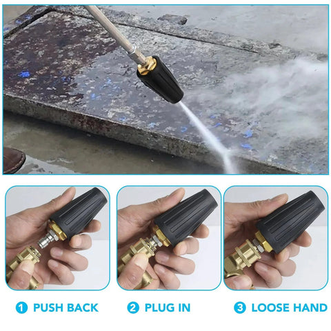 Turbo Nozzle Kit For Pressure Washers, 360 Degree Rotating Spray, 4000 PSI Max, in use and close-up views showing connection steps