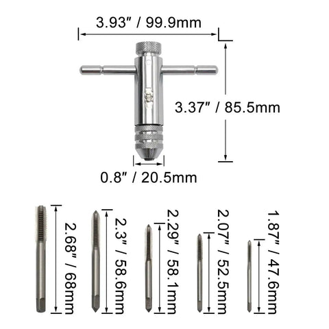 Dimensions and sizes of the Ratchet T Handle Tap Wrench and 5 Metric Taps M3 M4 M5 M6 M8 Handy Two Way Adjustable Tapping Tool Kit