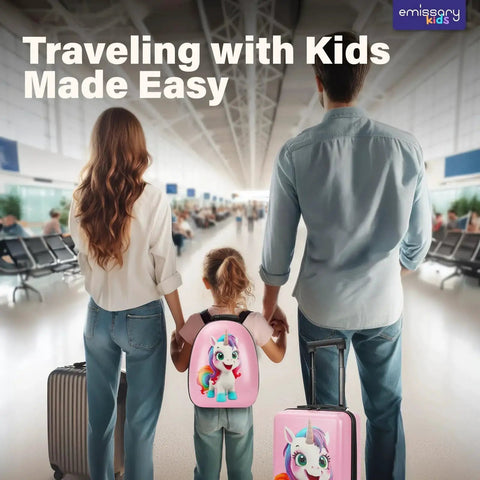 Family at airport with Unicorn Princess Themed Kids Luggage Set For Girls With Matching Backpack Emissary Three Piece Luggage Set
