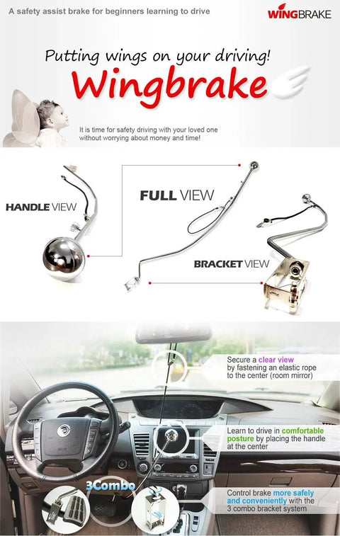 Wingbrake-V driver training brake system with handle and bracket; shown assembled and installed in a car