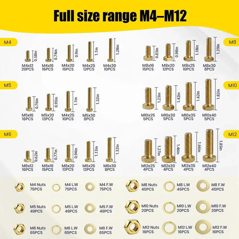 1075 Piece Metric Bolts And Nuts Assortment Kit Grade 8.8 M4 M5 M6 M8 M10 M12 Hex Head Yellow Zinc Bolts With Nuts And Washers