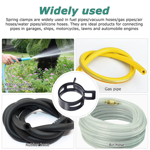 Hose clamp set with pliers, 5–18mm; shows yellow gas hose, water hose, rubber hose, air hose, and central black clamp.