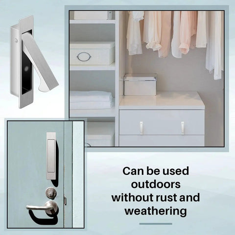 2 Pack Pocket Door Pull Handles 3.54 Inch Stainless Steel Satin Finish shown on closets, cabinets, durable and rust resistant.