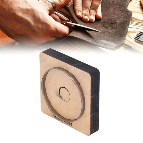 75mm Round Leather Cutting Die For DIY Crafts, Precision Hollow Punch Cutter with alloy steel construction, tool shown in use.