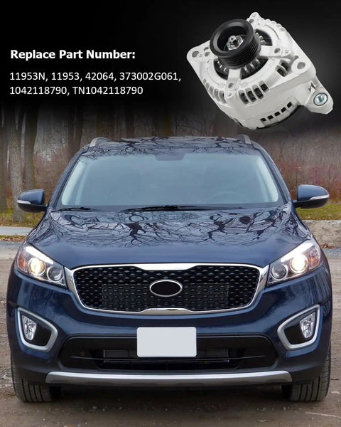 Beefed-Up 150 Amp Alternator Replacement For Santa Fe Sport 2.4L 2017-2018, Sonata 2.4L 2015-2019, Optima 2.4L 2016-2020, Sorento 2.4L 2015-2020 Direct Fit Replaces OEM 37300-2G061 104211-8790 shown with a car.